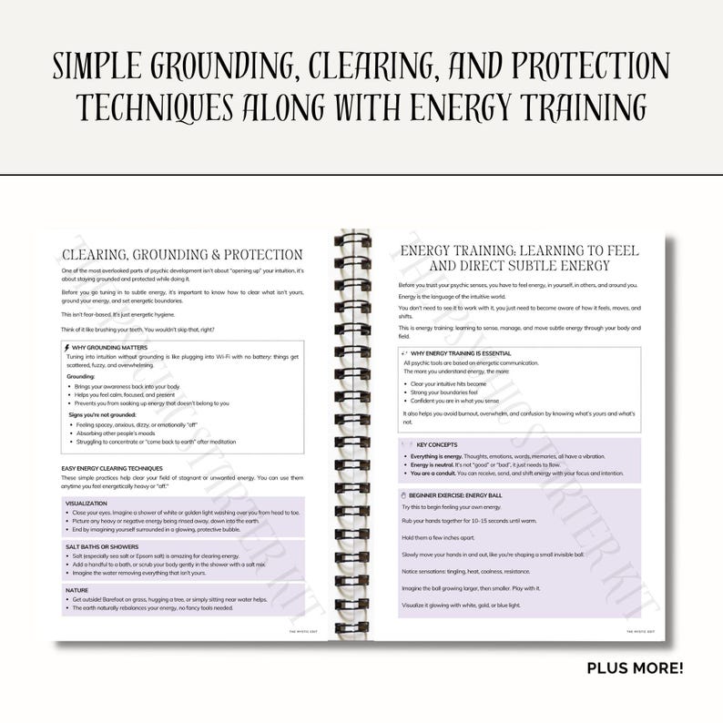 K&ouml;nnte beinhalten: Ein offenes Spiralnotizbuch mit Texten zu einfachen Erdungs-, Reinigungs- und Schutztechniken sowie Energie-Training. Die Seiten enthalten &Uuml;berschriften wie "Reinigung, Erdung & Schutz" und "Energie-Training".