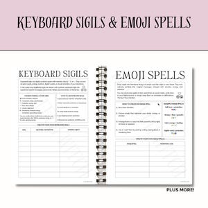 May include: A notebook with the title "KEYBOARD SIGILS & EMOJI SPELLS" at the top. The pages inside explain keyboard sigils and emoji spells, with text and tables. The pages are white with black text and headings, bound by a spiral.