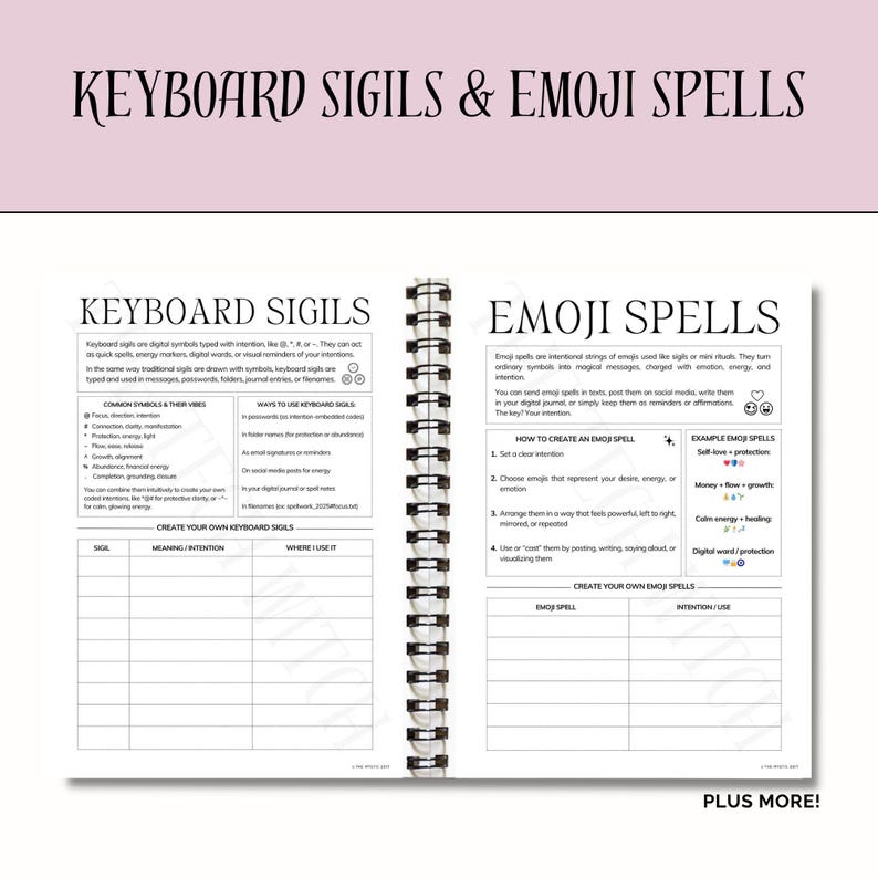 May include: A notebook with the title "KEYBOARD SIGILS & EMOJI SPELLS" at the top. The pages inside explain keyboard sigils and emoji spells, with text and tables. The pages are white with black text and headings, bound by a spiral.