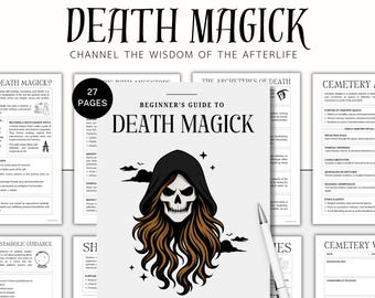 May include: A digital download titled "Beginner's Guide to Death Magick" with a skull illustration on the cover. The image includes a pen and several pages with text. The text includes "Channel the Wisdom of the Afterlife."