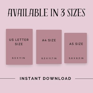 May include: An image advertising a digital product, with the text "AVAILABLE IN 3 SIZES" and "INSTANT DOWNLOAD". It displays three templates: US Letter size (21.6 x 27.9 cm), A4 size (21.1 x 29.7 cm), and A5 size (14.8 x 21.0 cm).