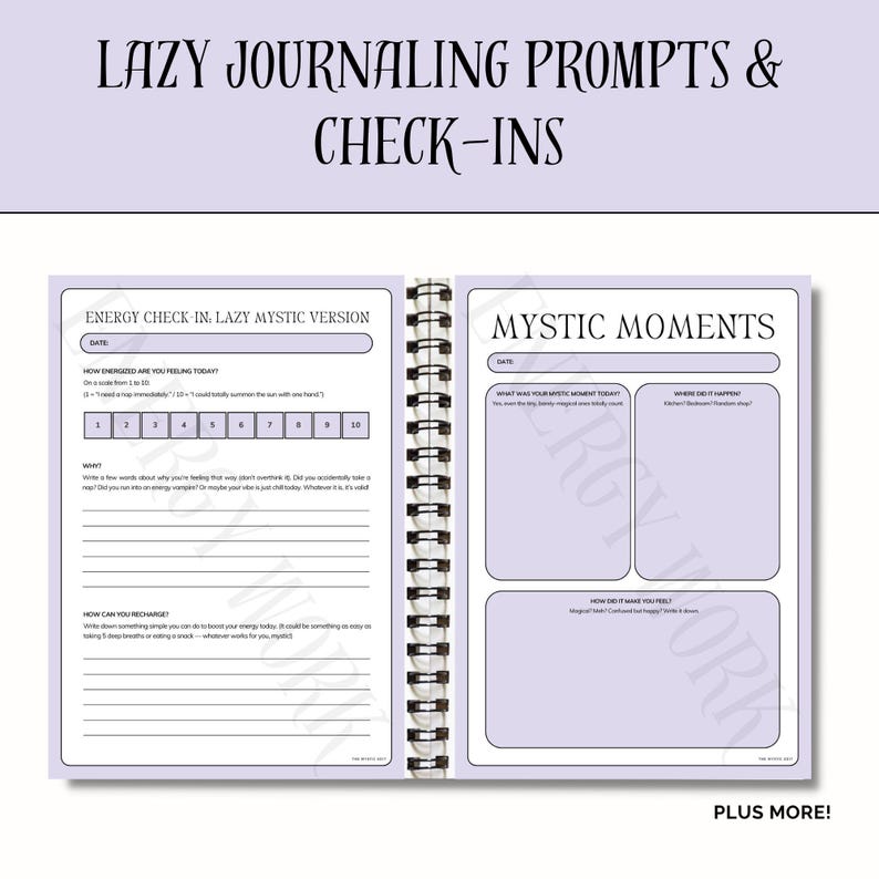 May include: A purple and white journal with the text "Lazy Journaling Prompts & Check-Ins" on the cover. The journal has two pages open, one with the title "Energy Check-In Lazy Mystic Version" and the other with the title "Mystic Moments".