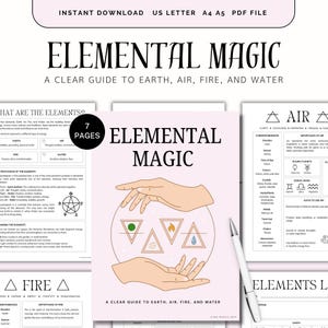 Puede incluir: Descarga digital "Elemental Magic" con fondo rosa. La guía trata sobre tierra, aire, fuego y agua. La imagen incluye manos sosteniendo símbolos y el texto "A Clear Guide to Earth, Air, Fire, and Water."