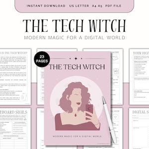 Op de afbeelding: Een digitale download met de titel "THE TECH WITCH" met de slogan "MODERN MAGIC FOR A DIGITAL WORLD". De omslag toont een roze illustratie van een persoon die een telefoon vasthoudt. De download bevat 23 pagina's en is beschikbaar in US Letter, A4 en A5 formaten.