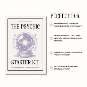 K&ouml;nnte beinhalten: Ein wei&szlig;er rechteckiger Druck mit schwarzem Rand zeigt den Text "THE PSYCHIC STARTER KIT" &uuml;ber einer lila Kristallkugel-Illustration. Der Text "YOUR NO-NONSENSE GUIDE TO DISCOVERING YOUR PSYCHIC SIDE" steht darunter.