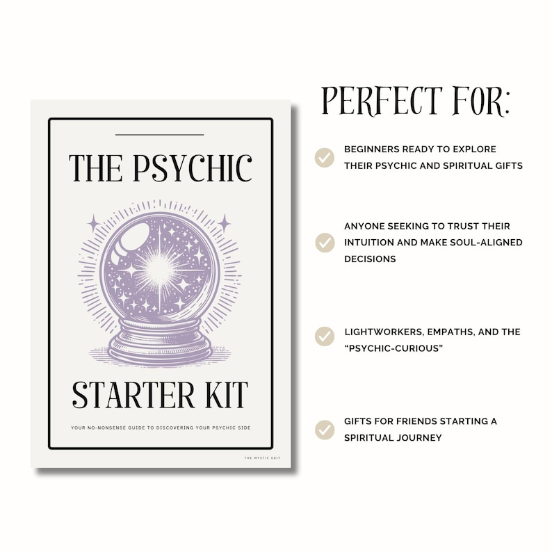 K&ouml;nnte beinhalten: Ein wei&szlig;er rechteckiger Druck mit schwarzem Rand zeigt den Text "THE PSYCHIC STARTER KIT" &uuml;ber einer lila Kristallkugel-Illustration. Der Text "YOUR NO-NONSENSE GUIDE TO DISCOVERING YOUR PSYCHIC SIDE" steht darunter.