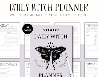 Planificador diario de brujas, diario de tarot, organizador de hechizos y rituales, diario de tareas de brujas, rastreador de fases lunares, páginas de grimorios, astrología, TDAH