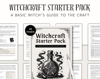 May include: A black and white "Witchcraft Starter Pack" with the text "A Basic Witch's Guide to the Craft". The image includes a potion bottle with a pentagram, a pen, and other pages with text.