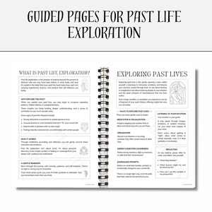 May include: A journal with a spiral binding, titled "GUIDED PAGES FOR PAST LIFE EXPLORATION". The open pages are filled with text discussing past life exploration, with sections on methods and insights into the practice.