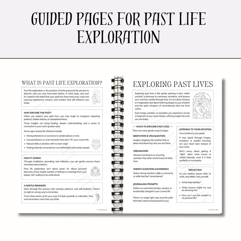 May include: A journal with a spiral binding, titled "GUIDED PAGES FOR PAST LIFE EXPLORATION". The open pages are filled with text discussing past life exploration, with sections on methods and insights into the practice.