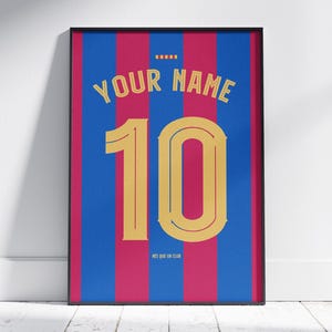 Pôster personalizado da camisa do Barcelona | Nome e número personalizados | Download digital | Presente para torcedor do Barça | Arte de parede de futebol | Impressão Blaugrana