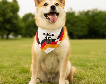 Può includere: Un cane Shiba Inu indossa una bandana bianca con la scritta "KAISER" e il numero "10" in nero. La bandana presenta i colori della bandiera tedesca: nero, rosso e giallo. Il cane è seduto sull'erba verde.