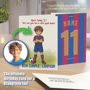 Cartão de aniversário personalizado do Barcelona | Presente de anime do Barcelona | Cartão personalizado 5x7 para impressão com nome e número do uniforme, download digital