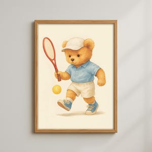 Vintage Tennis Teddy Bear Print: Retro Nursery Wall Art (Digital Download)