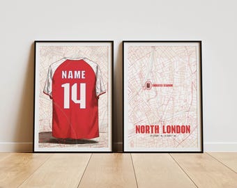 May include: Two framed art prints. The left print features a red and white soccer jersey with the number 14 and a customizable name. The right print is a map of North London, with the Emirates Stadium highlighted.