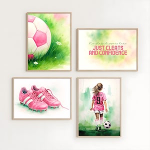 Personalized Soccer Girl Prints: Pink Watercolor Custom Name Art (Digital Download Set of 4