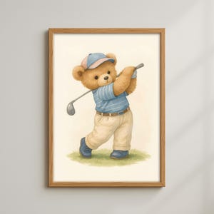 Vintage Golf Teddy Bear Nursery Print: Watercolor Sports Art (Digital Download
