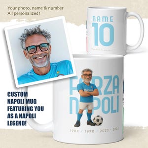Individuelle Napoli Tasse mit Ihrem Foto - Personalisiertes Cartoon Geschenk mit Name & Nummer | 1987 Scudetto Bausatz | Forza Napoli Geschenk | Campione D’Italia
