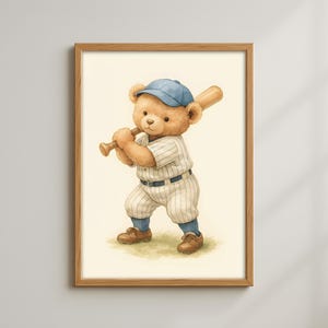 Vintage Baseball Teddy Bear Wall Art, Watercolor Sports Nursery Print, Retro Baseball Decor for Kids Room or Playroom Gift