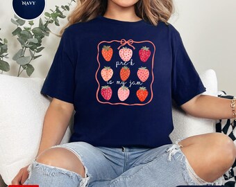 Kindergarten Is My Jam, First Grade Tee, Kindergarten Teacher Shirt, Teacher Gift,Kinder Crew, Kinder Team,Strawberry Tee, Coquette Teacher