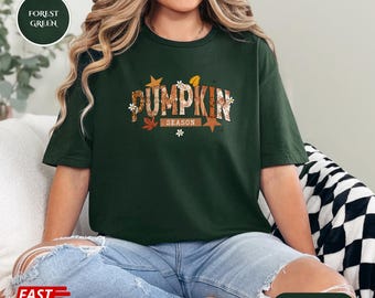 Maglietta della stagione delle zucche, maglietta autunnale, maglietta del Ringraziamento, maglietta autunnale con zucca, maglietta autunnale femminile, maglietta con foglie autunnali, felpa con zucca