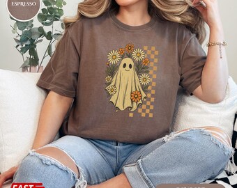 レトロな花柄ゴーストシャツ、プレッピーなハロウィンシャツ、面白いゴーストハロウィンシャツ、ハロウィンゴーストTシャツ、ゴーストシャツ、かわいいゴーストチェックシャツ