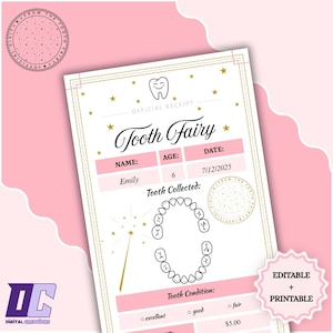 Certificat imprimable de reçu modifiable de fée des dents | Première dent perdue | Lettre réaliste de fée des dents | Dent perdue | Toile modifiable