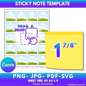 May include: A yellow sticky note template with the number 1 and 7/8 inches in blue. The template includes a grid of image placeholders with a drag and drop graphic. The Canva logo is visible. The sheet size is 8.5 x 11 inches.