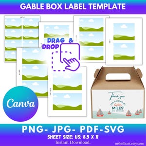 ゲーブルボックスラベルバンドルCanvaテンプレート、印刷可能なゲーブルボックスフロントラベル、ドラッグアンドドロップ、DIYテンプレートカスタムパーソナライズパーティーギフト