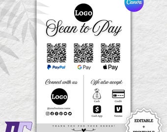 Scan to Pay Template | QR Code Payment Sige | Digital Scan in Pay Sign for Small Business | Editable Canva Template for All Payment Types