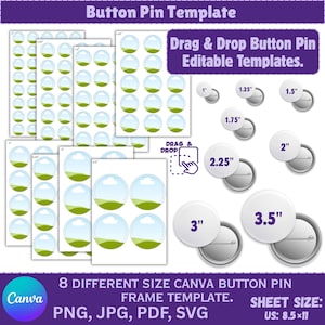 Button Pin Template BUNDLE, Editable CANVA Frame, Button Pin Labels, Custom Badge Circle Drag & Drop 1.25&quot;,1.5&quot;,1.75&quot;,2&quot;,2.25&quot;,3&quot;,3.5&quot;