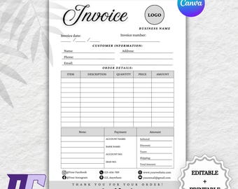 Editable Invoice Template, Small Business Invoice, Printable Invoice form, Digital Download for Custom Orders
