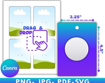 May include: A button pin display template with a blue and purple gradient background. The template includes a display card measuring approximately 8.26 cm x 11.43 cm and a sheet with four designs. The text "BUTTON PIN DISPLAY TEMPLATE" is at the top.