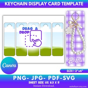 May include: A keychain display card template with a white background and a purple gingham pattern. The design includes a "Drag & Drop" graphic, a Canva logo, and the text "PNG- JPG- PDF-SVG". The sheet size is 8.5 x 11 inches, and the card size is 2" x 6".