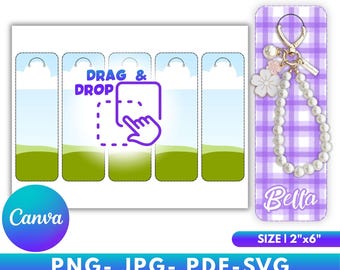 May include: A keychain display card template with a white background and a purple gingham pattern. The design includes a "Drag & Drop" graphic, a Canva logo, and the text "PNG- JPG- PDF-SVG". The sheet size is 21.6 x 27.9 cm, and the card size is 5.1 cm x 15.2 cm.