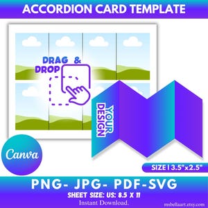 Könnte beinhalten: Eine Akkordeon-Kartenvorlage mit blauem und lila Farbverlauf. Die Vorlage enthält eine "Drag & Drop"-Grafik und eine gefaltete Karte mit dem Text "Your Design". Die Größe beträgt 8,9 cm x 6,4 cm und die Blattgröße 21,6 x 27,9 cm.