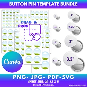 Plantilla de pin de botón (paquete), marco editable en CANVA, etiquetas de pin de botón, insignia personalizada circular con función de arrastrar y soltar (1,25", 1,5", 1,75", 2", 2,25", 3", 3,5")