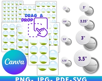 Button Pin Template BUNDLE, Editable CANVA Frame, Button Pin Labels, Custom Badge Circle Drag & Drop 1.25",1.5",1.75",2",2.25",3",3.5"