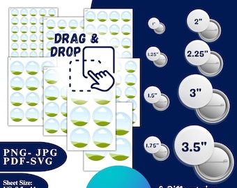 Könnte beinhalten: Ein Button-Pin-Vorlagenpaket mit mehreren kreisförmigen Layouts auf weißen Blättern und einem Drag-and-Drop-Symbol. Die Grafik zeigt acht verschiedene Button-Größen von 2,54 cm bis 8,89 cm Durchmesser sowie Text mit den Dateiformaten PNG, JPG, PDF, SVG und einer Blattgröße von 21,59 cm mal 27,94 cm.