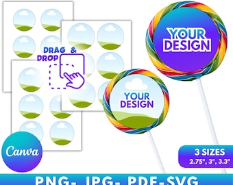Paquete de plantillas de etiquetas para piruletas / Pegatinas para piruletas DIY / Plantilla editable de Canva / Etiquetas redondas para regalos de fiesta / Cubierta de piruleta personalizada SVG / PNG