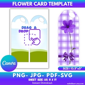 Könnte beinhalten: Eine Blumenvorlagenkarte mit dem Text "FLOWER CARD TEMPLATE". Das Design umfasst eine lila Blume auf einem Vichy-Hintergrund und eine "Drag & Drop"-Grafik. Die Kartengröße beträgt 34.3 cm x 12.7 cm.