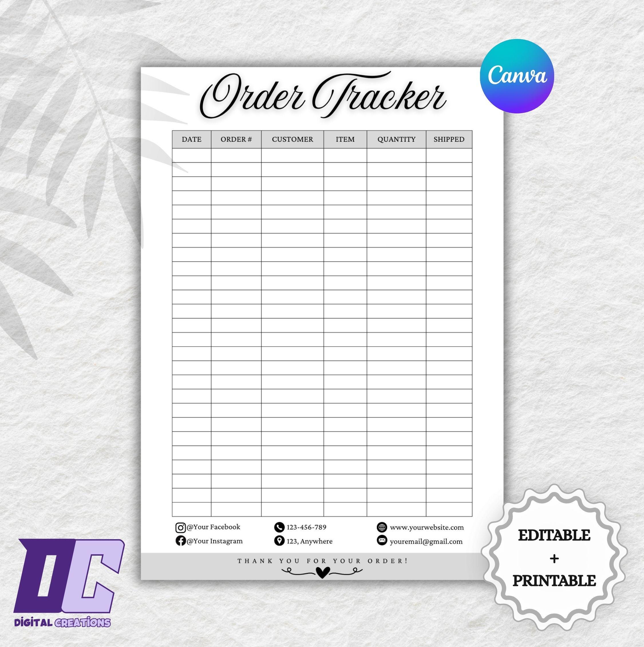 Editable Order Tracker Template | Small Business Canva Order Tracker | Digital Order Tracking Sheet | Instant Digital Download
