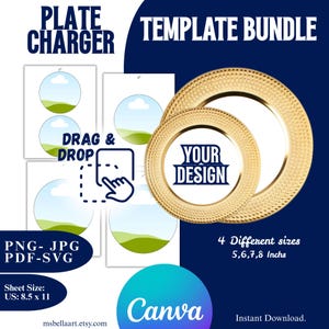 May include: A digital template bundle for plate chargers featuring gold textured circular frames with a central space for custom designs. Includes four sizes of 5, 6, 7, and 8 inches, compatible with 8.5 x 11 inch sheets in PNG, JPG, PDF, and SVG formats.