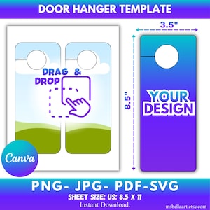 May include: Door hanger template with a blue and purple gradient design. The template is 3.5 inches wide and 8.5 inches tall. The text "YOUR DESIGN" is displayed on the right side. The left side shows a "Drag & Drop" graphic. The file formats are PNG, JPG, PDF, and SVG.