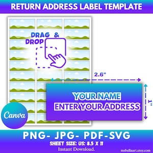 May include: Return address label template with a blue and purple design. The template includes a section for the name and address, and the sheet size is 8.5 x 11 inches. The image also includes the text "Drag & Drop".