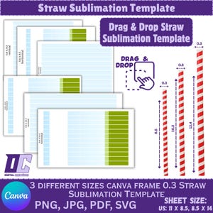 Straw Sublimation Template, 0.3 Straw Tag Svg Straws for Tumblers Cups Mugs, Sublimation Stainless steel straw, Full wrap Canva Editable