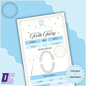 Certificat imprimable de reçu modifiable de fée des dents | Première dent perdue | Lettre réaliste de fée des dents | Dent perdue | Toile modifiable