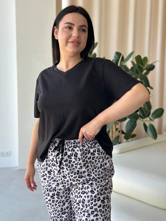 Plus Size Leopard Print Pajama Set: Cotton Lounge Sleepwear