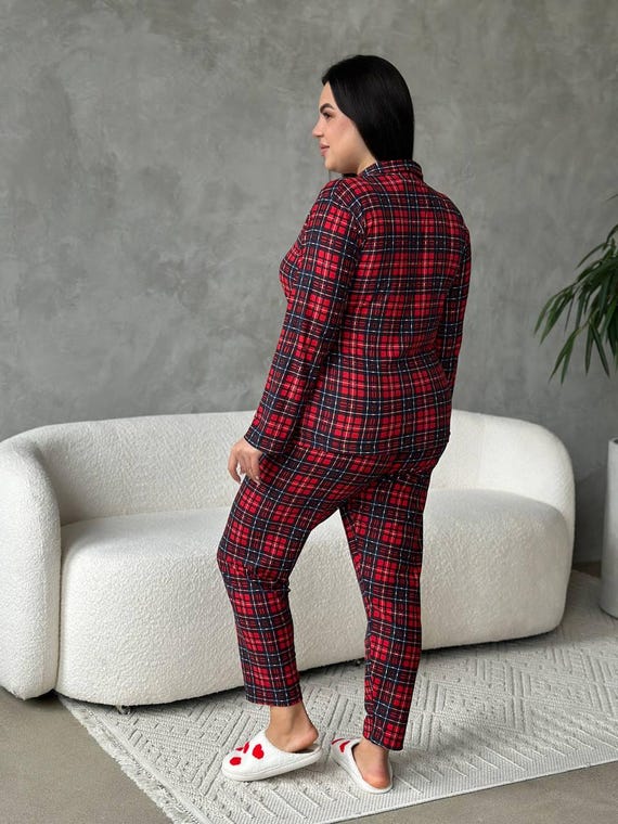 Plus Size Red Plaid Pajama Set: Cotton Lounge Wear, Curvy