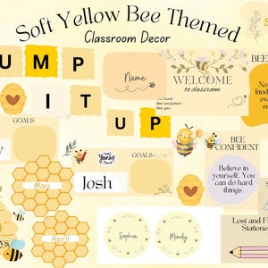 Pacchetto di decorazioni per l'aula a tema ape, decorazioni per l'aula con ape blu, colori naturali, giallo tenue, giallo burro, poster per esposizione in aula